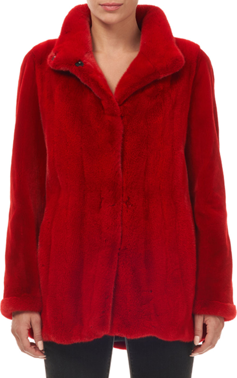 Gorski Wing-Collar Snap-Front Mink Fur Jacket w/ Sheared Sleeves Gorski Wing-Collar Snap-Front Mink Fur Jacket w/ Sheared Sleeves