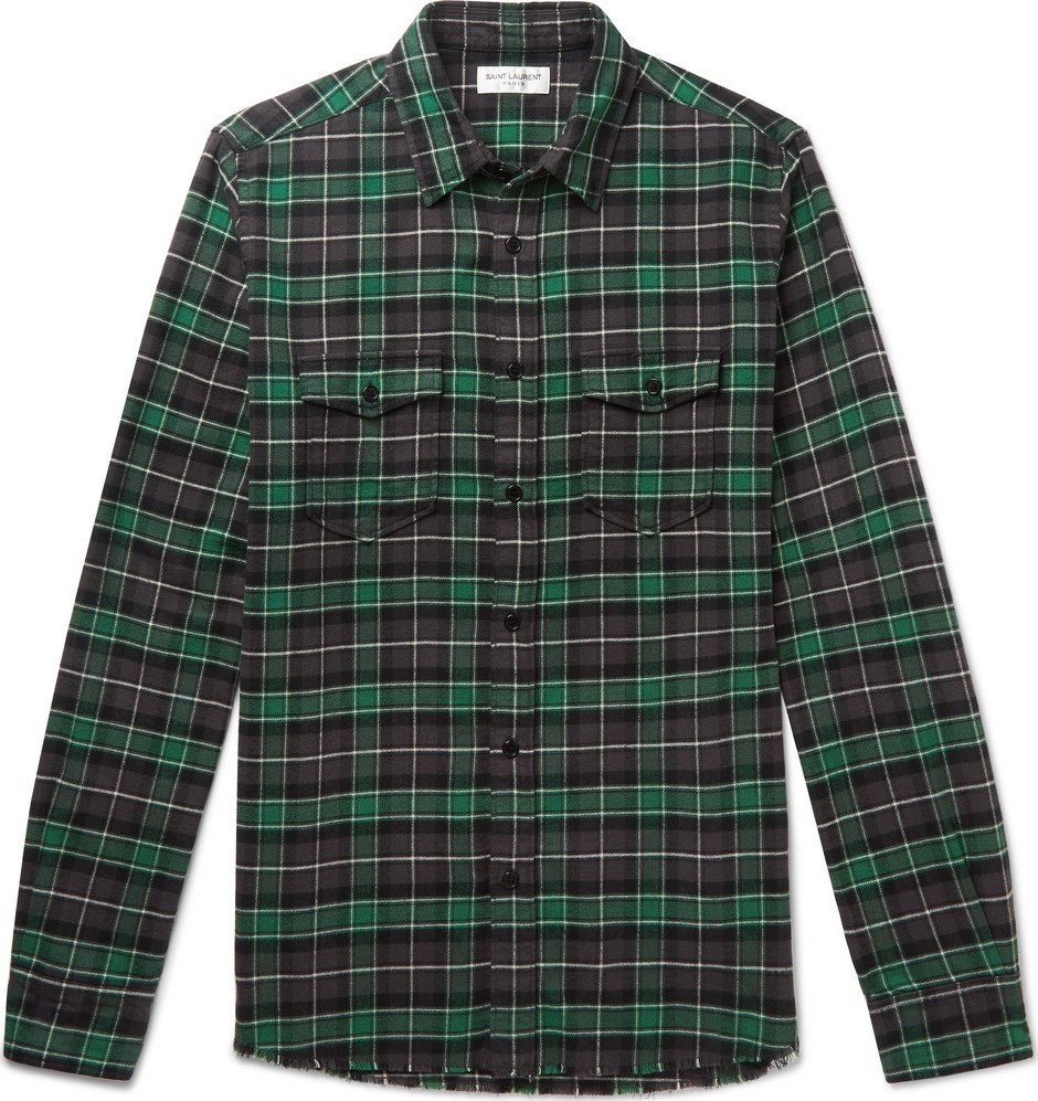 Saint Laurent Distressed Checked Cotton-Flannel Shirt