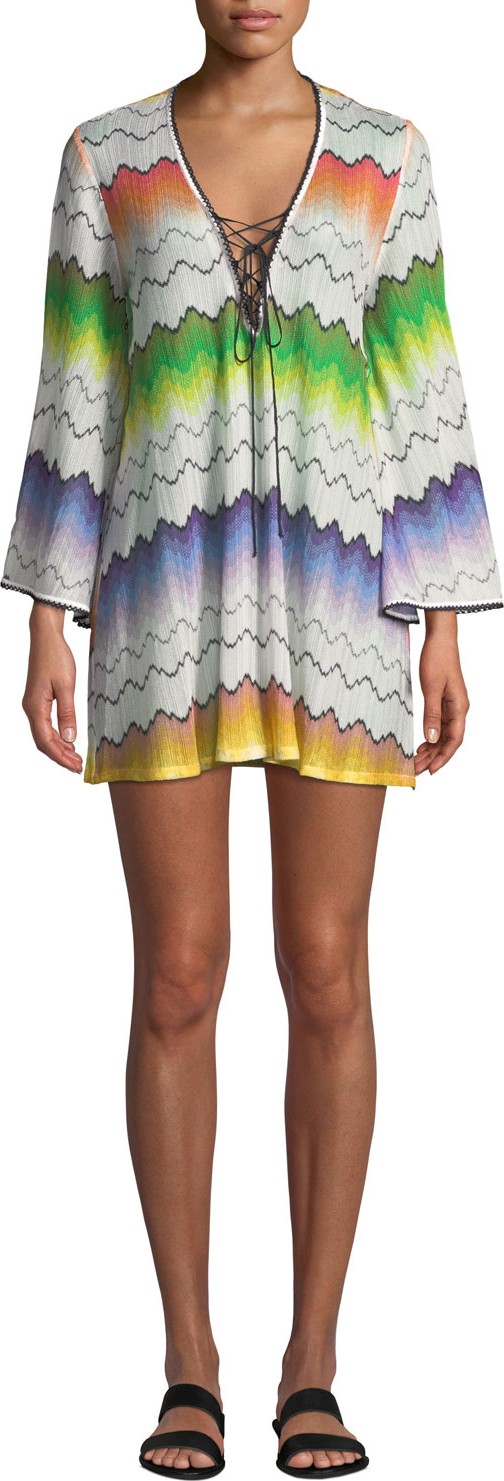 Missoni Printed Lace-Up Long-Sleeve Short Coverup