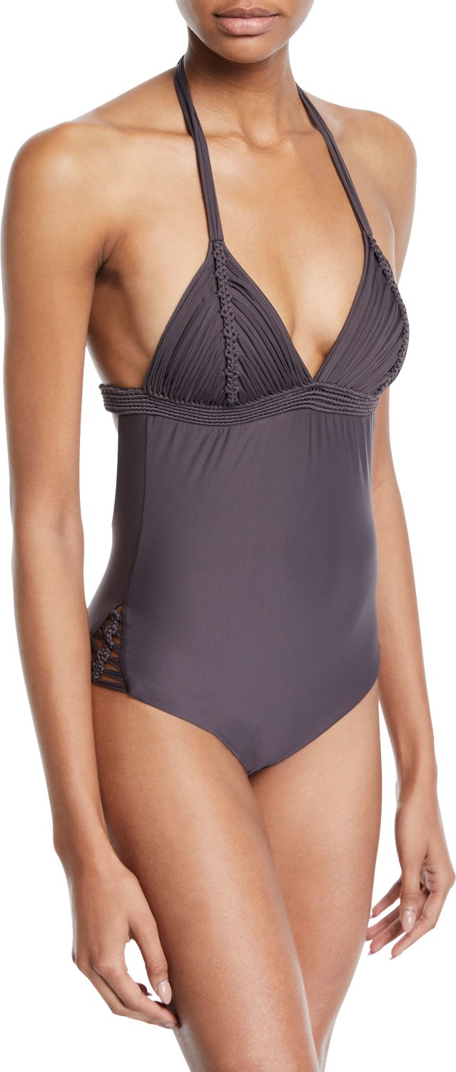 PilyQ Island Embroidered Halter One-Piece Swimsuit