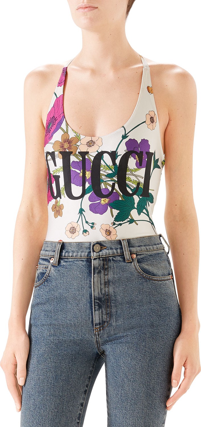 Gucci Sparkling Swimsuit with Flora Gothic and Logo Print