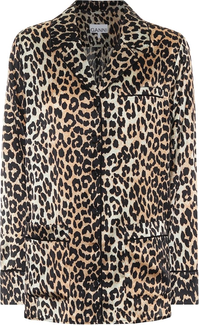 Ganni Leopard-print stretch silk-satin pajama shirt