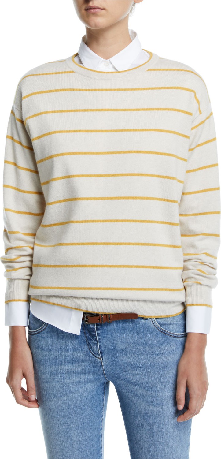 Brunello Cucinelli Striped Wool-Cashmere Crewneck Sweater