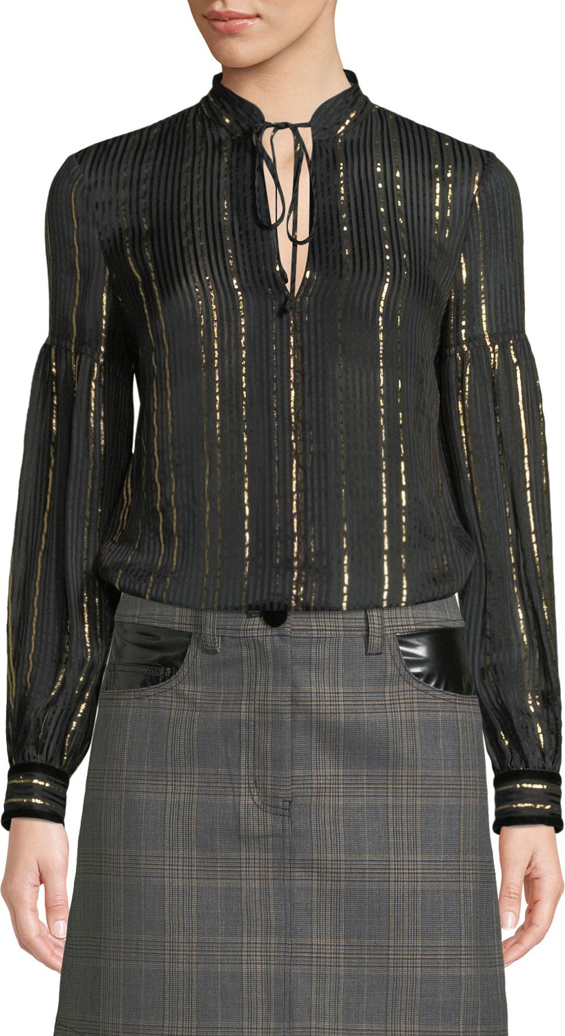 Derek Lam 10 Crosby Metallic Tie-Neck Long-Sleeve Silk Blouse