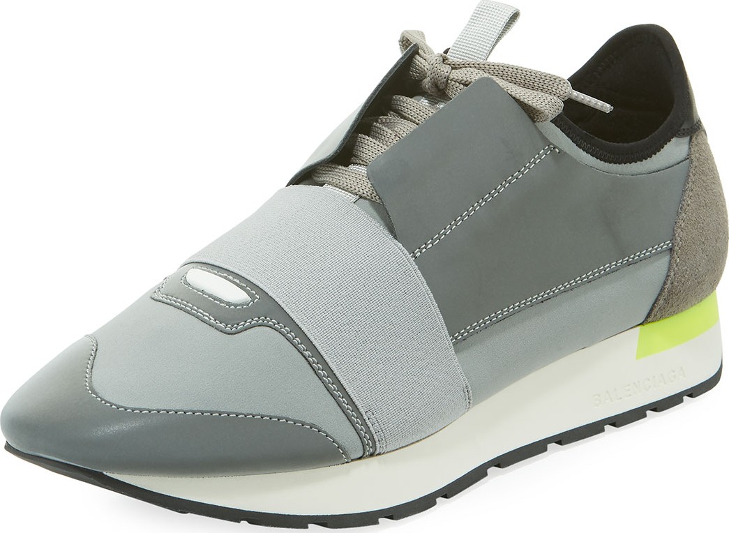 Balenciaga Men's Reflective Race Runner Mesh & Leather Sneakers, Gray