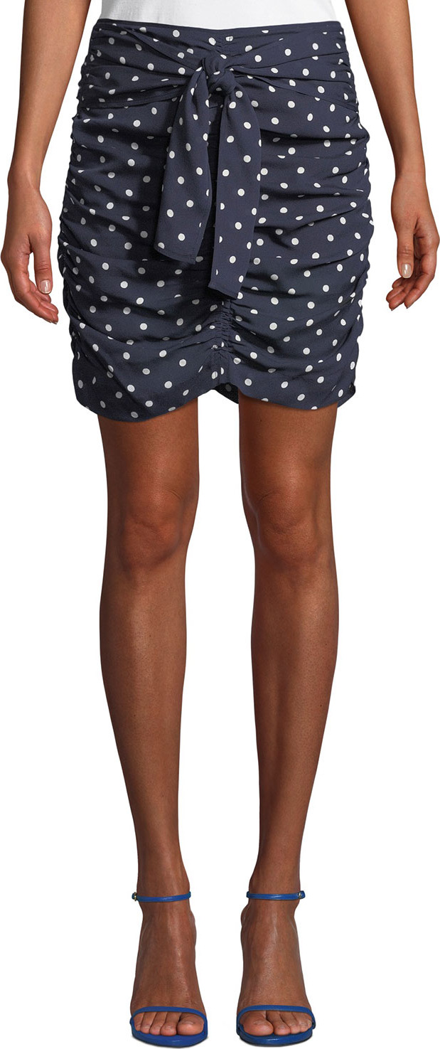 Tanya Taylor Ava Ruched Dot-Print Silk Georgette Skirt