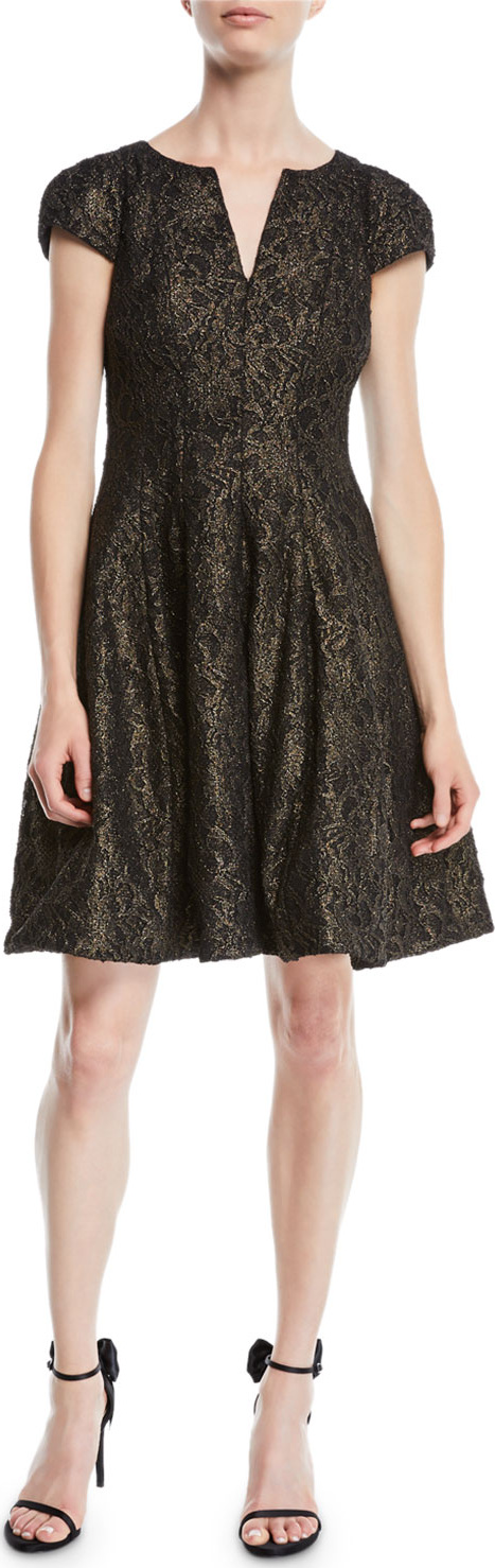 HALSTON HERITAGE Metallic Lace Cap-Sleeve Cocktail Dress w/ Slit Neck