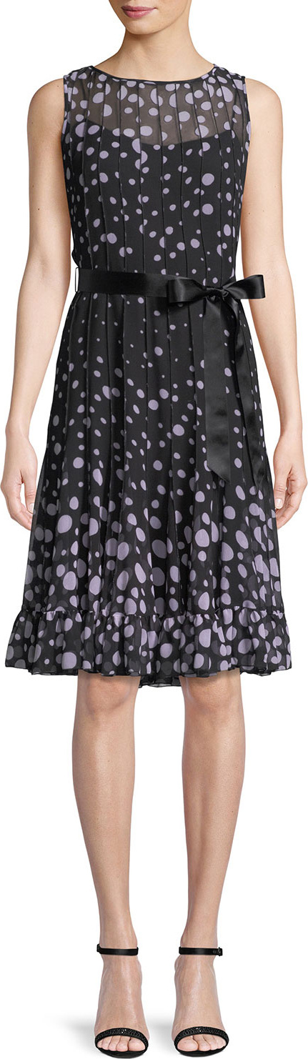 Rickie Freeman for Teri Jon Sleeveless Chiffon Polka Dot Pintuck Dress