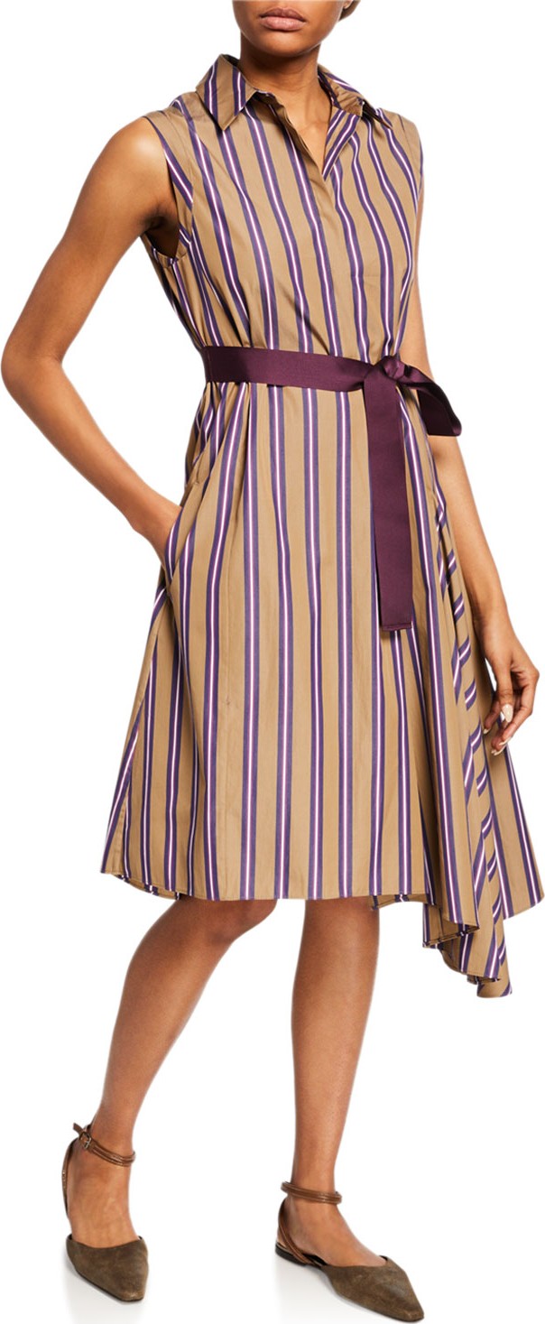 Brunello Cucinelli Striped Belted Button-Front Dress