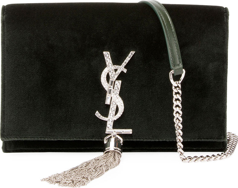 Saint Laurent Kate Velvet Crystal-Monogram YSL Tassel Wallet on Chain