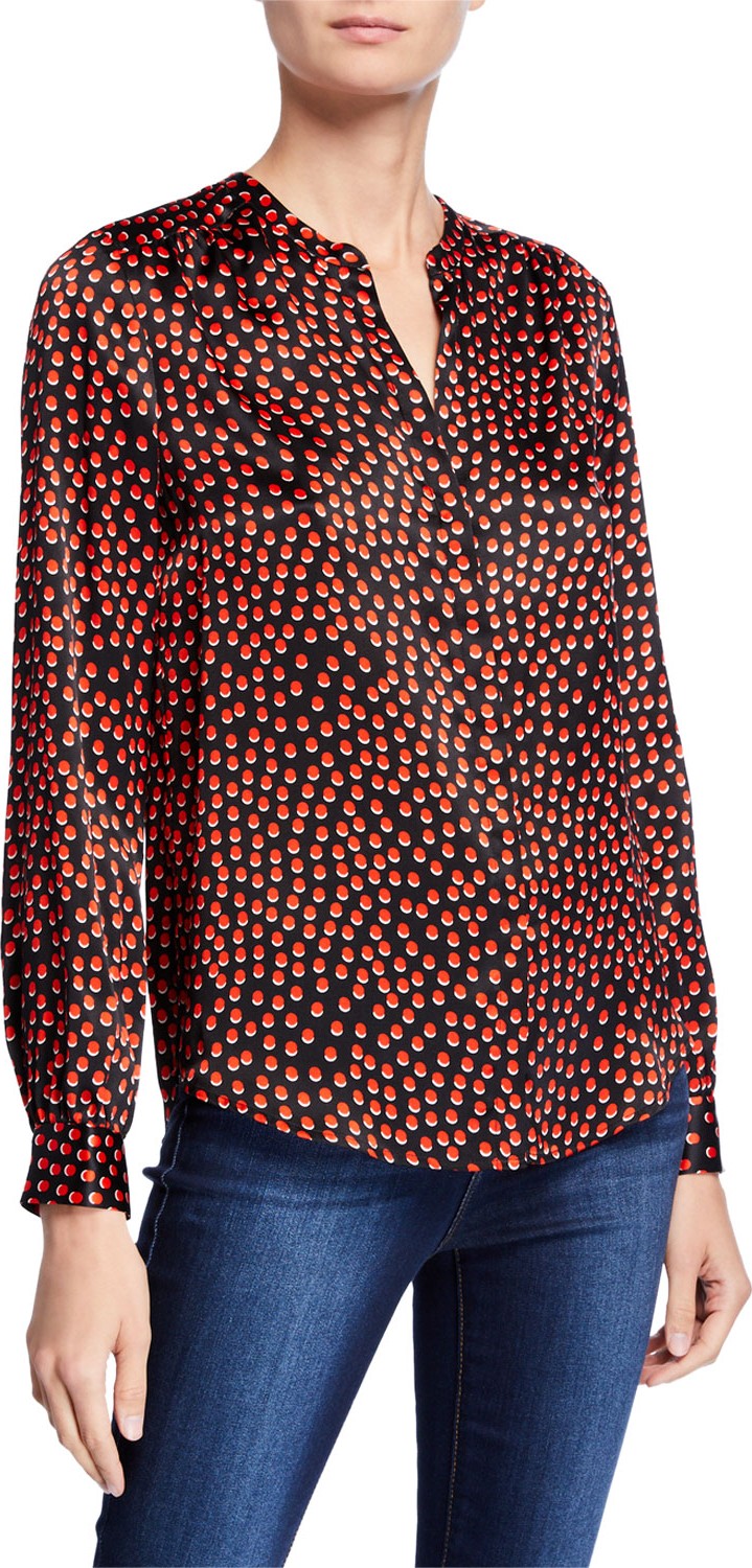 L'AGENCE Bardot Band-Collar Silk Dot-Print Blouse