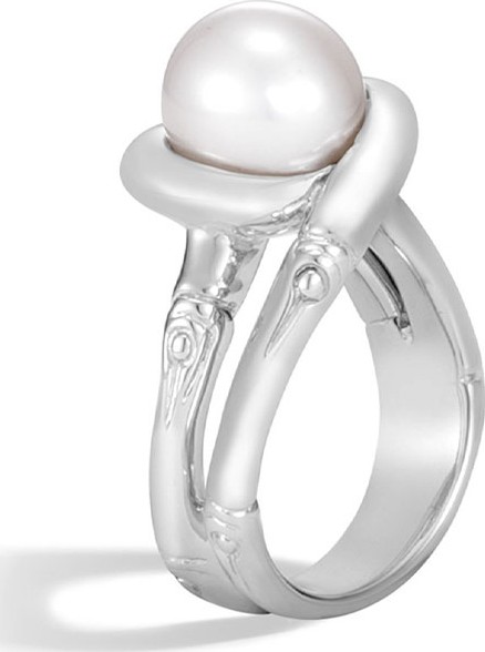 John Hardy Bamboo Silver Ring with Pearl, Size 7
