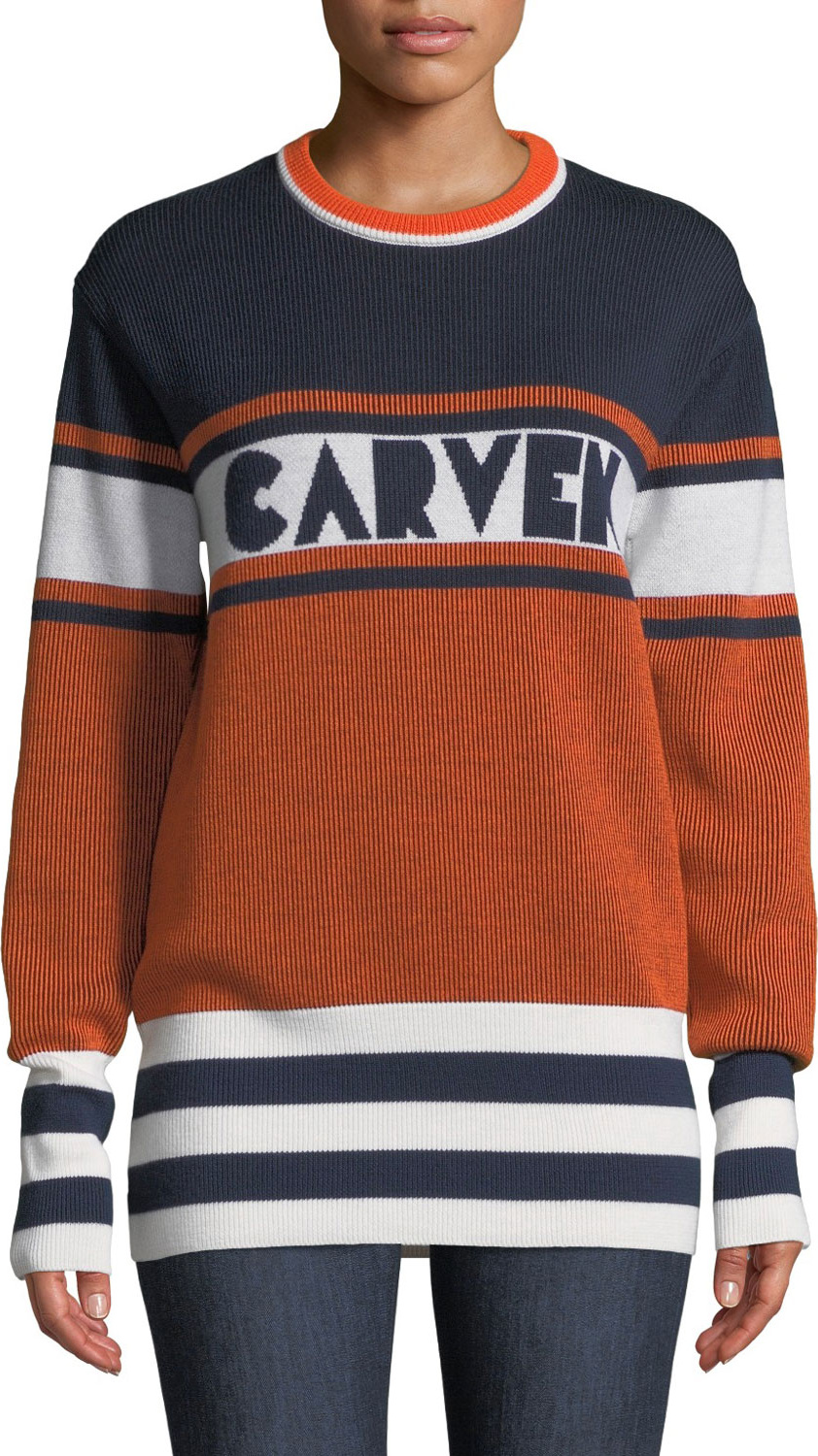 Carven Colorblock Logo Crewneck Pullover Sweater