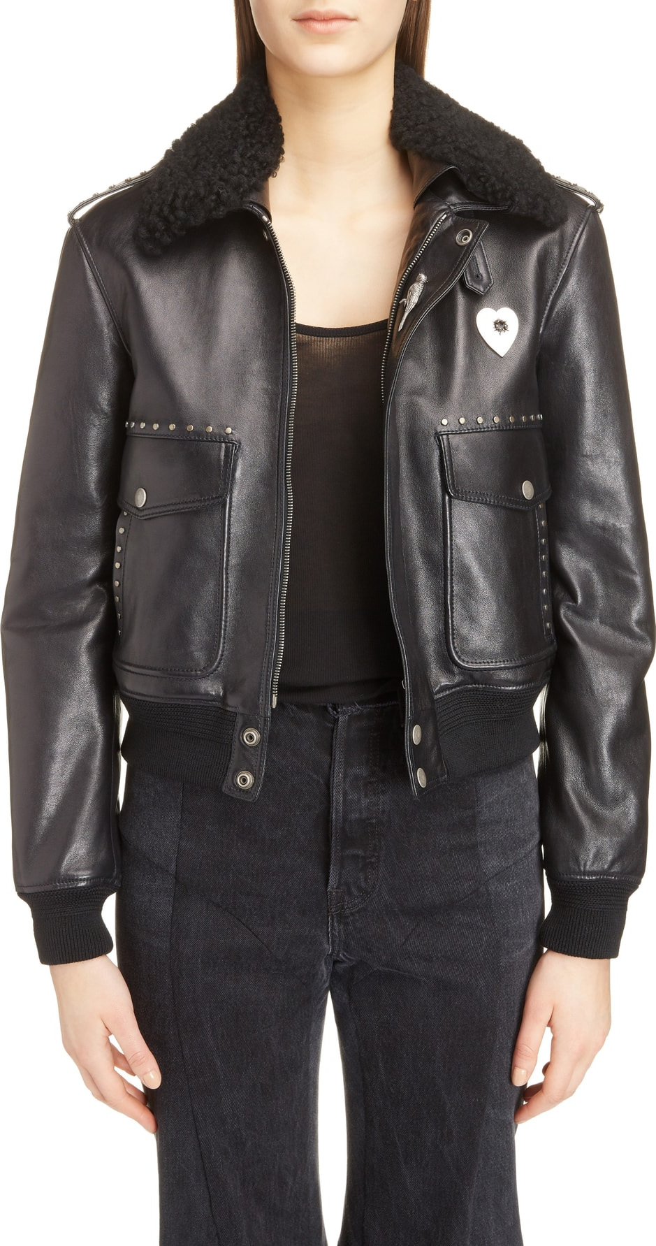 Saint Laurent Leather Flight Jacket with Genuine Shearling Collar