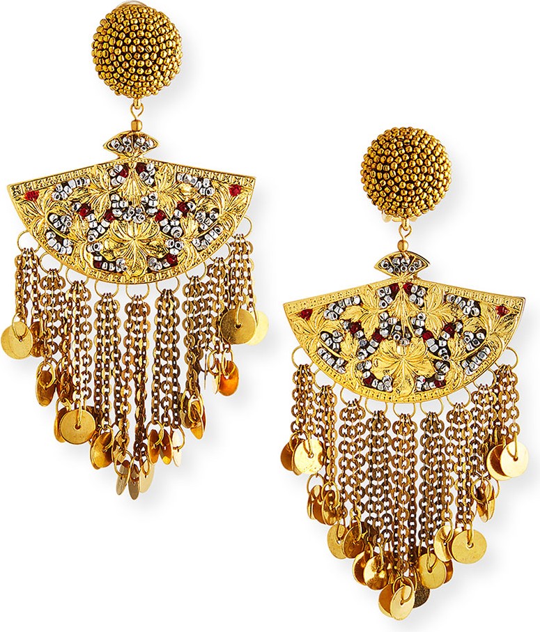 Oscar De La Renta Embellished Beaded Chain Fan Clip Earrings