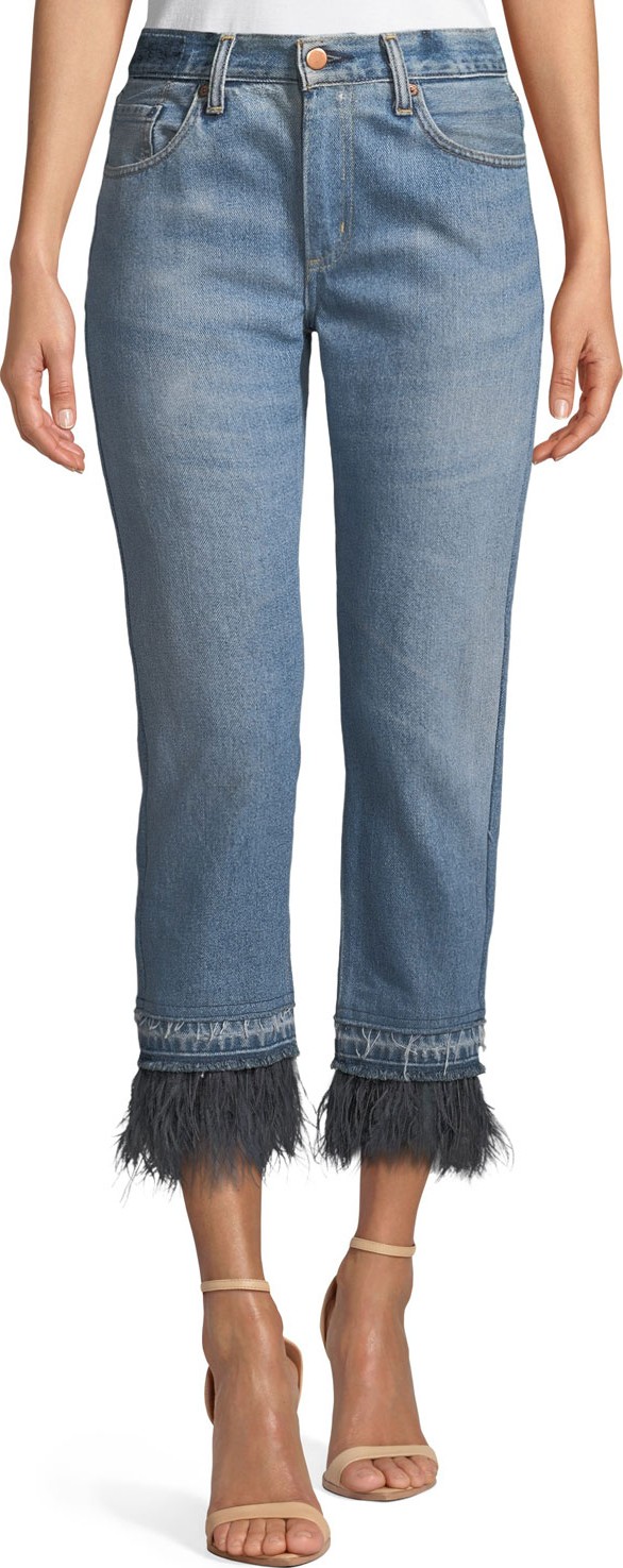 Le Superbe Le Superbe Cropped Straight-Leg Jeans with Ostrich Feathers