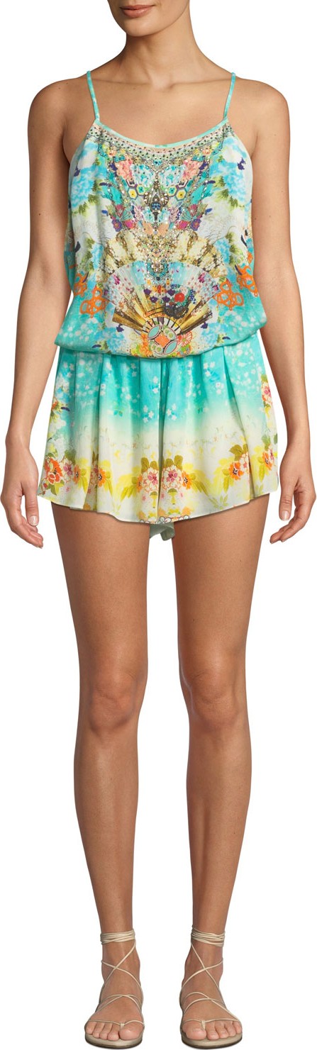Camilla Shoestring Mixed-Print Silk Romper Coverup