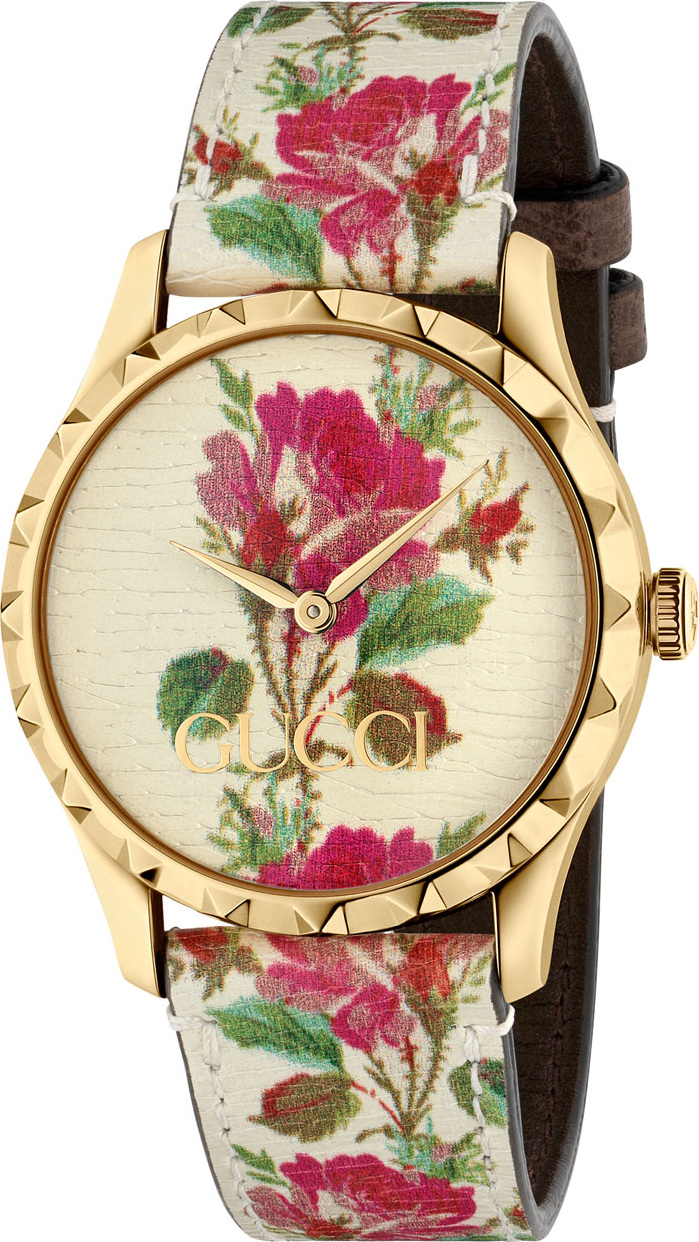 Gucci 38mm G-Timeless Blooms Leather Watch, Gold/Beige