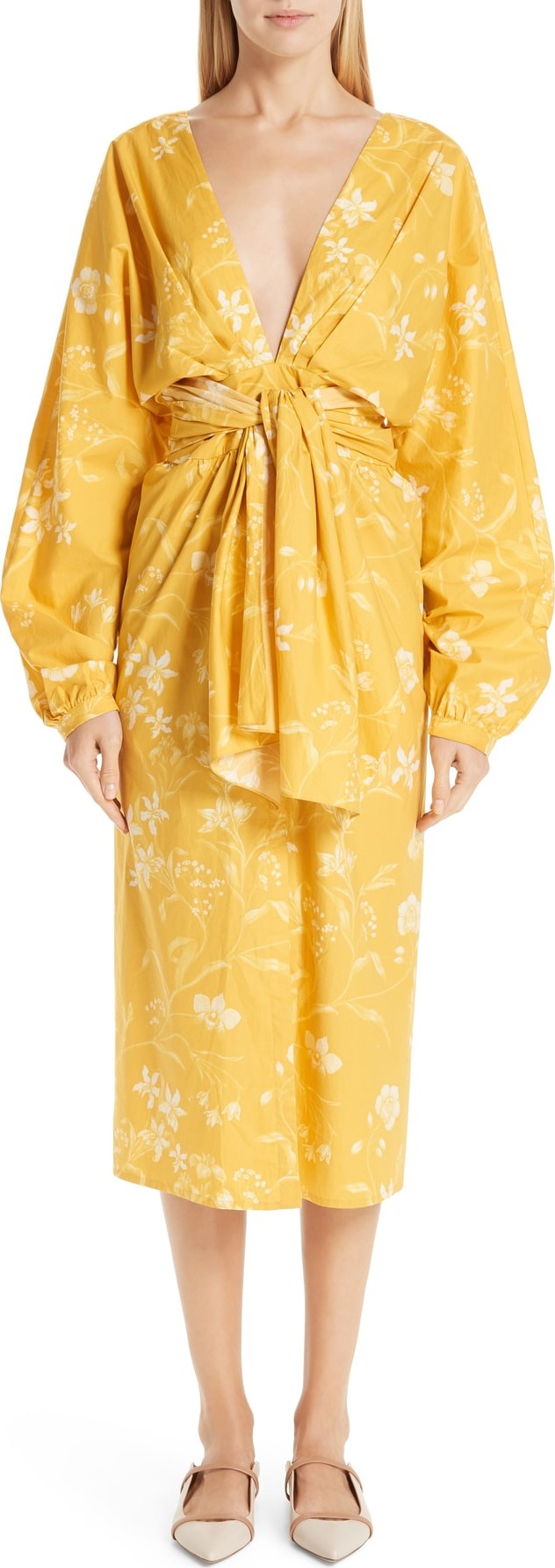 Johanna Ortiz Tie Front Daffodil Print Poplin Midi Dress