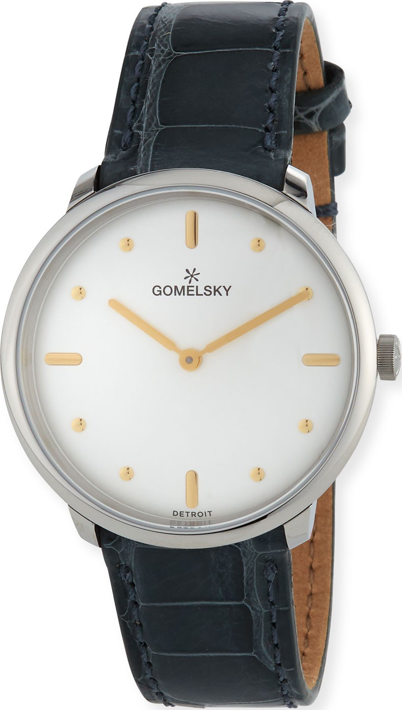 Gomelsky 36mm Audry Alligator Watch, Silver/Opaline