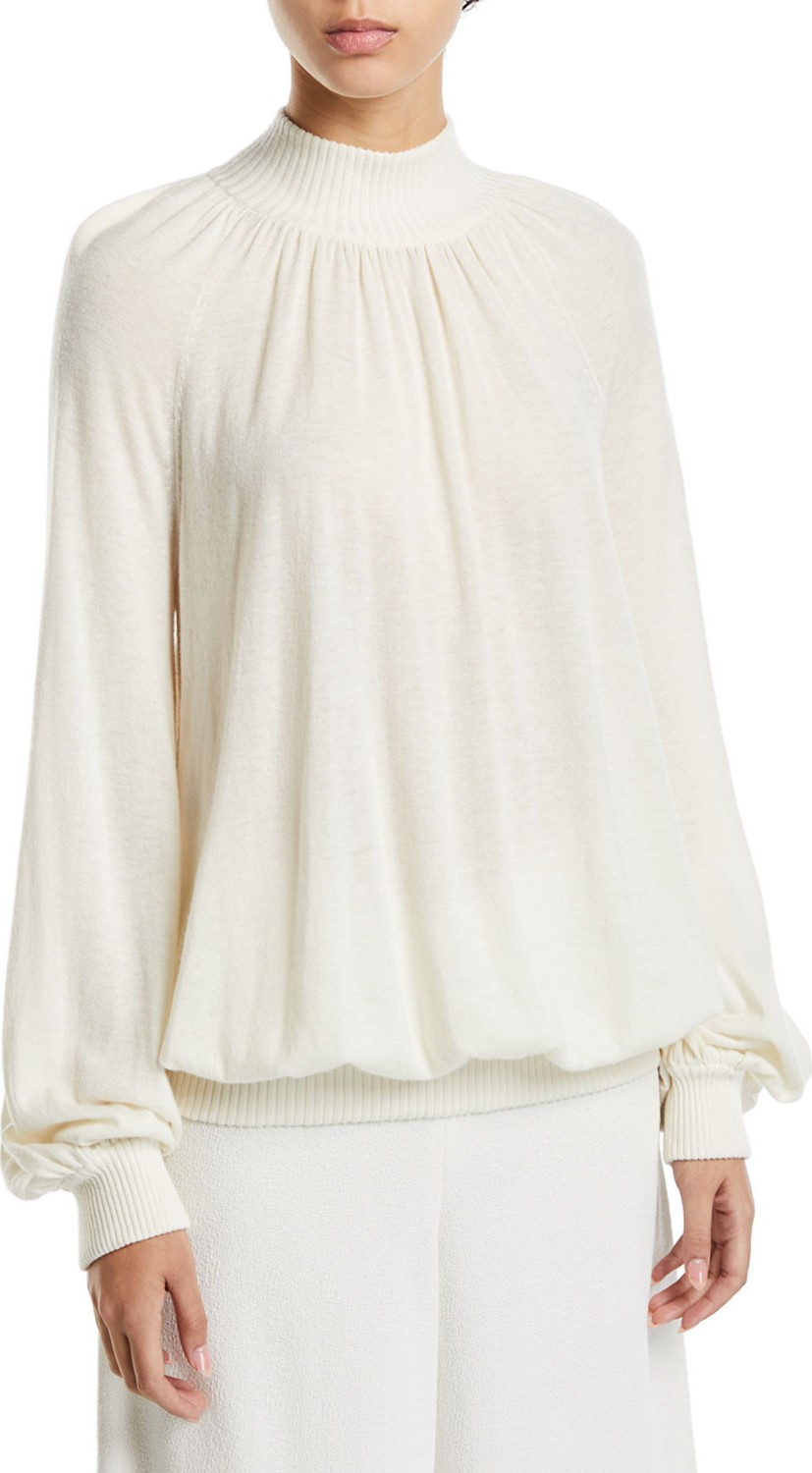 Co Cashmere Blouson-Sleeve Mock-Neck Sweater