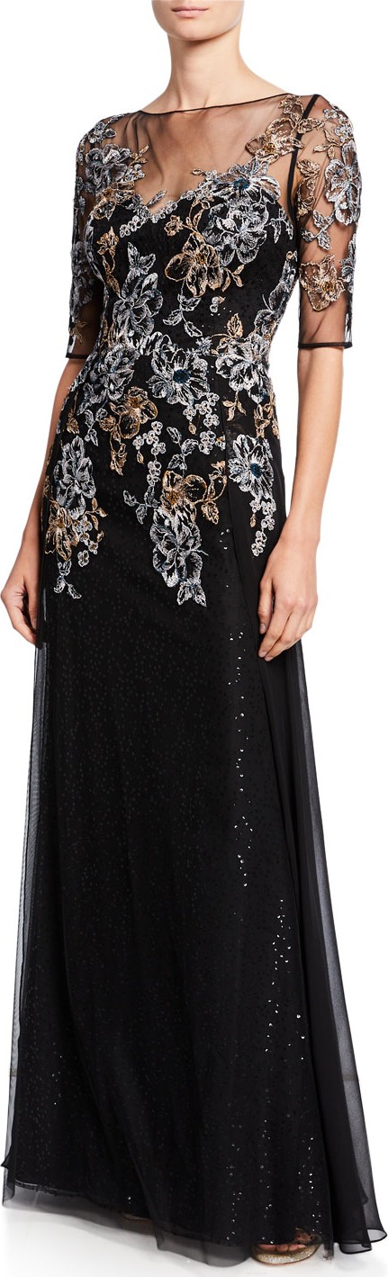 Rickie Freeman for Teri Jon Metallic Floral Embroidered Elbow-Sleeve Overlay Gown