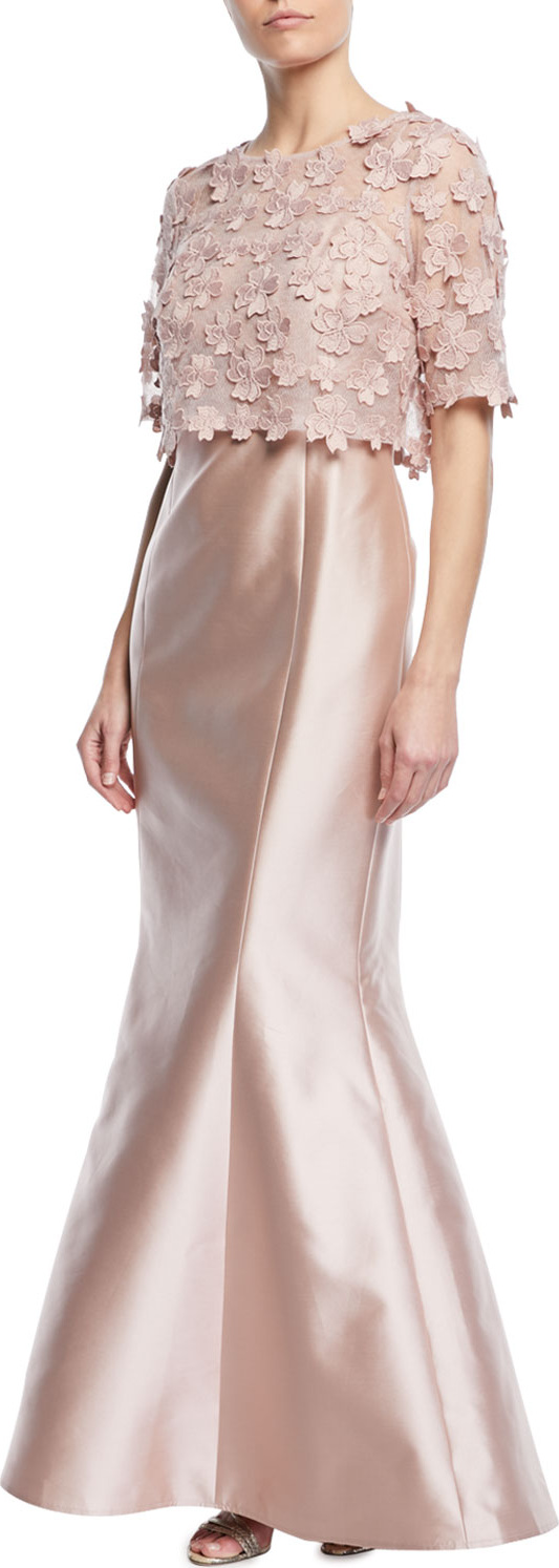 Rickie Freeman for Teri Jon 3D Floral Popover Lace Gazar Trumpet Gown