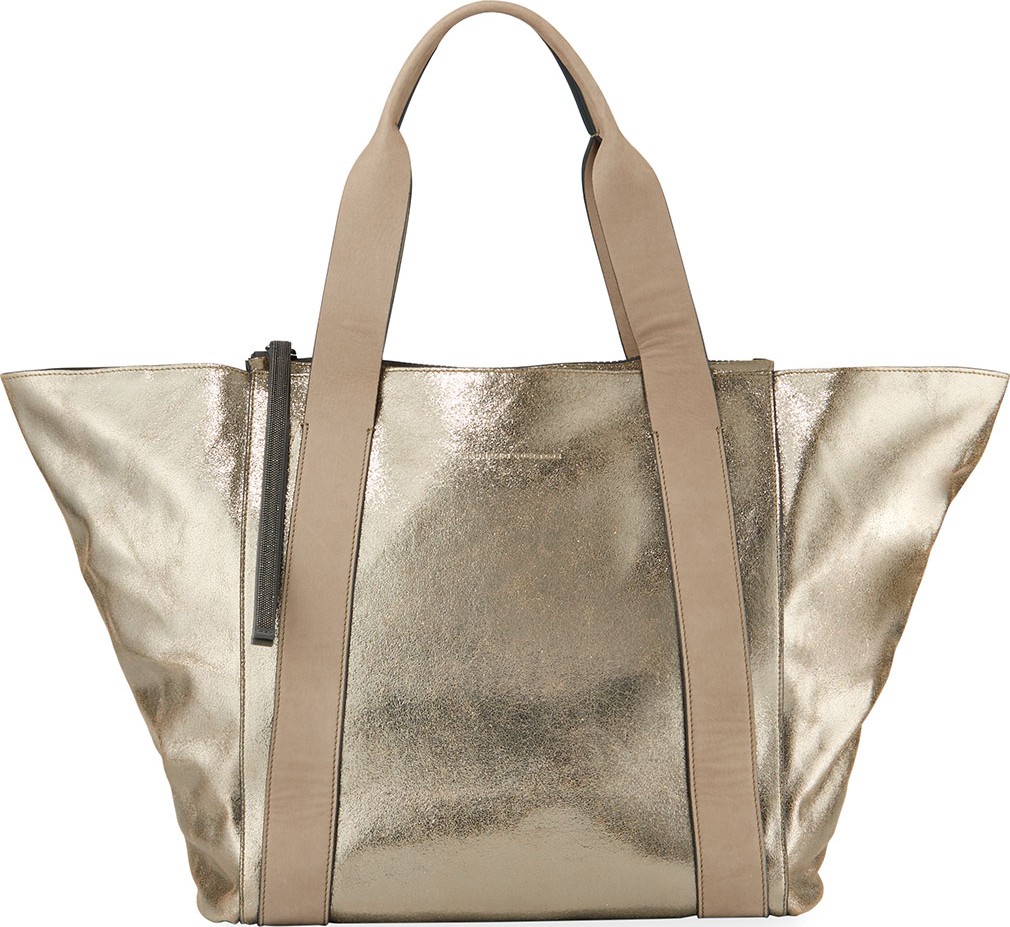 Brunello Cucinelli Metallic Leather Zip-Top Tote Bag