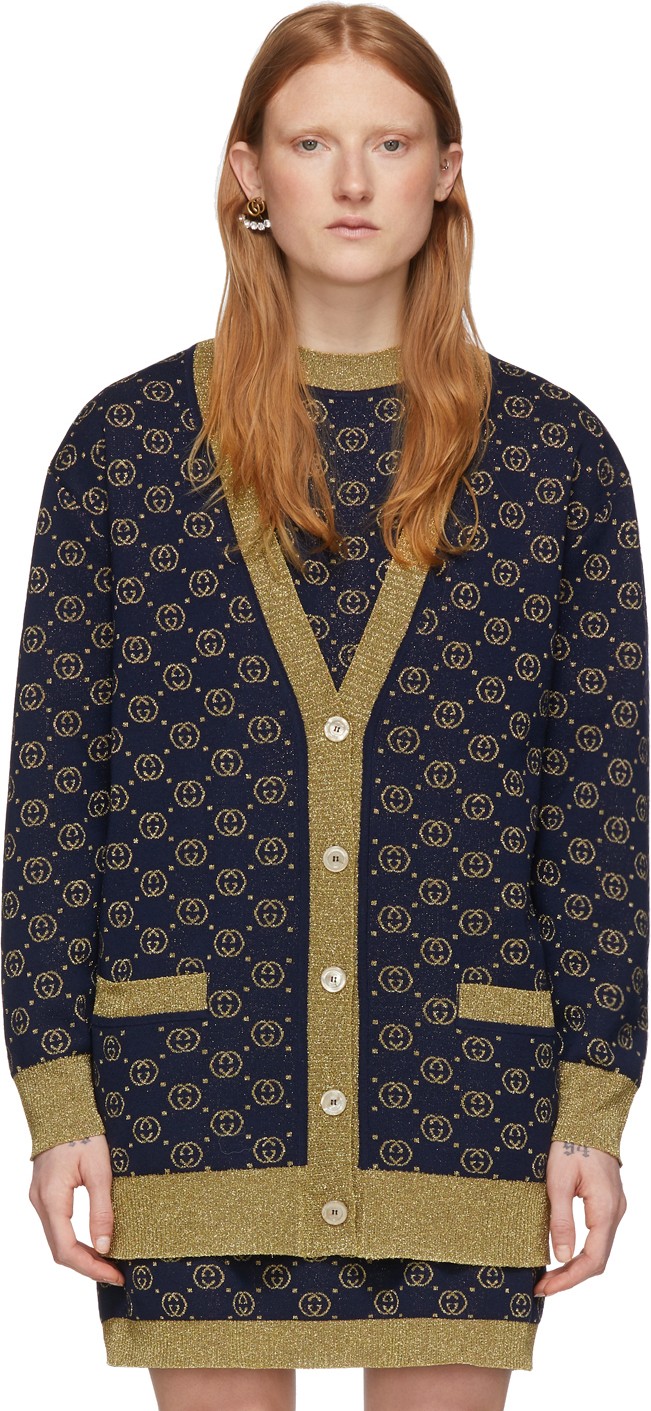 Gucci Navy Lurex Interlocking G Cardigan
