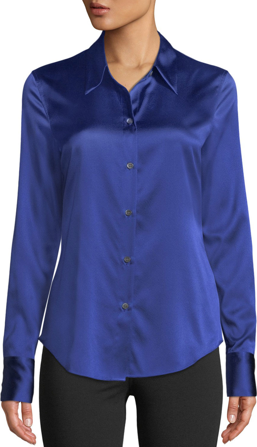 Theory Perfect Fitted 2 Stretch-Satin Long-Sleeve Button-Down Blouse