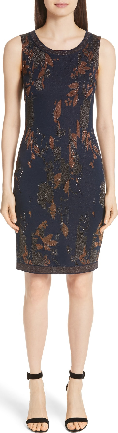 St. John Leafed Copper Jacquard Sheath Dress