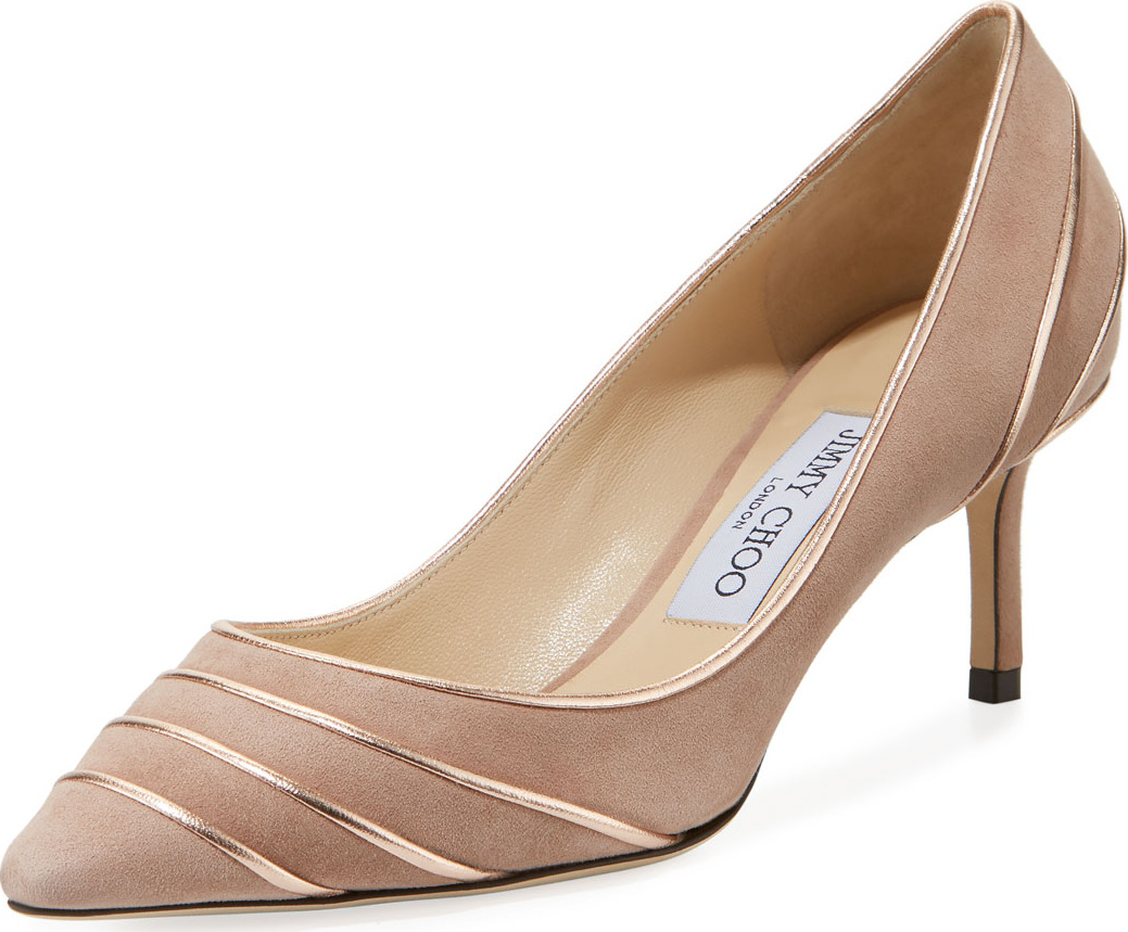 Jimmy Choo Romy 60mm Metallic Leather-Piped Suede Pumps