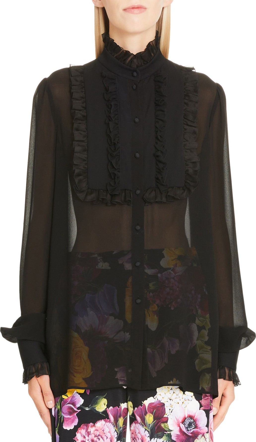 Dolce & Gabbana Ruffle Bib Sheer Stretch Silk Blouse