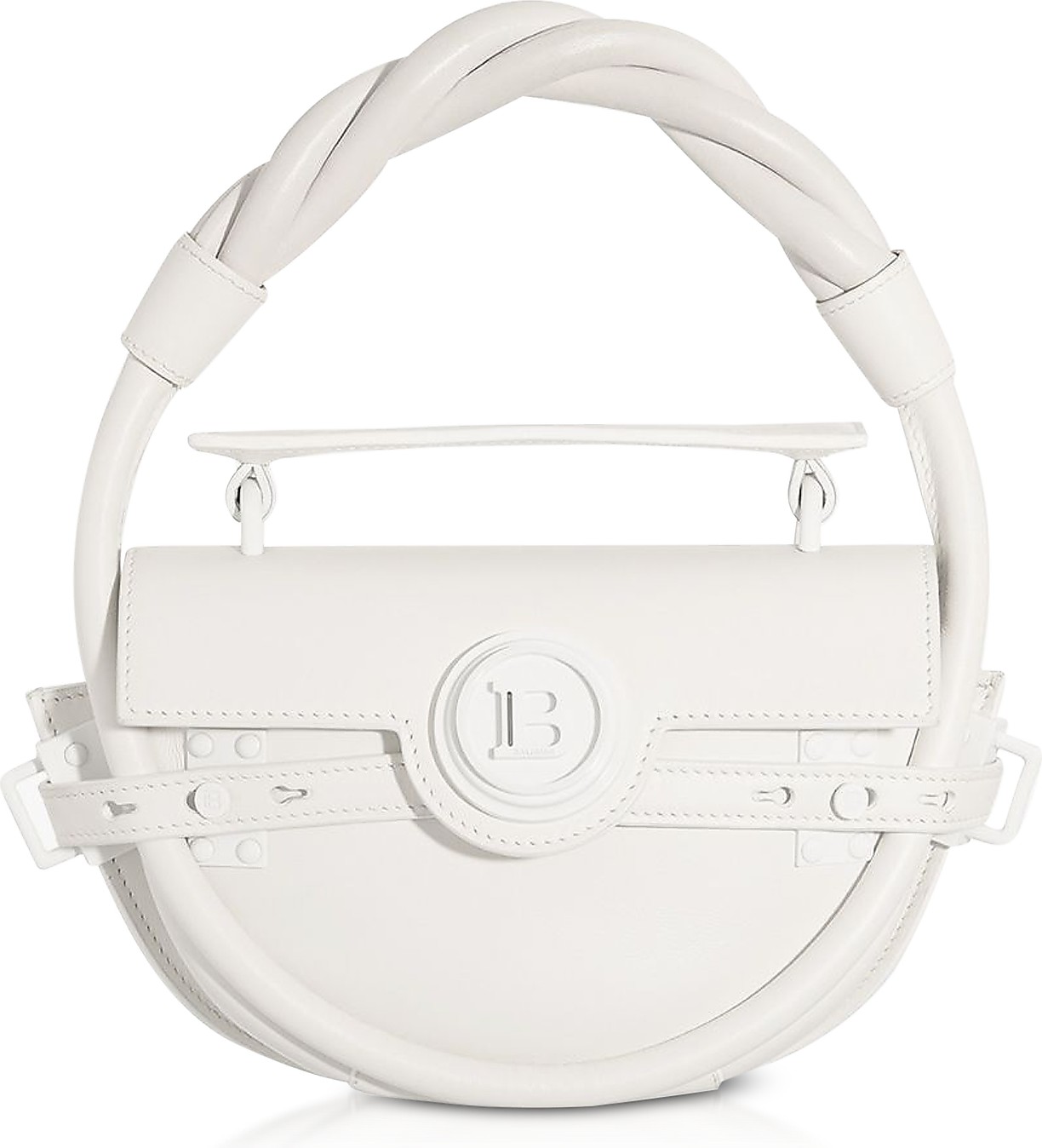 Balmain White Leather Bbuzz Circle 21 Top Handle Bag