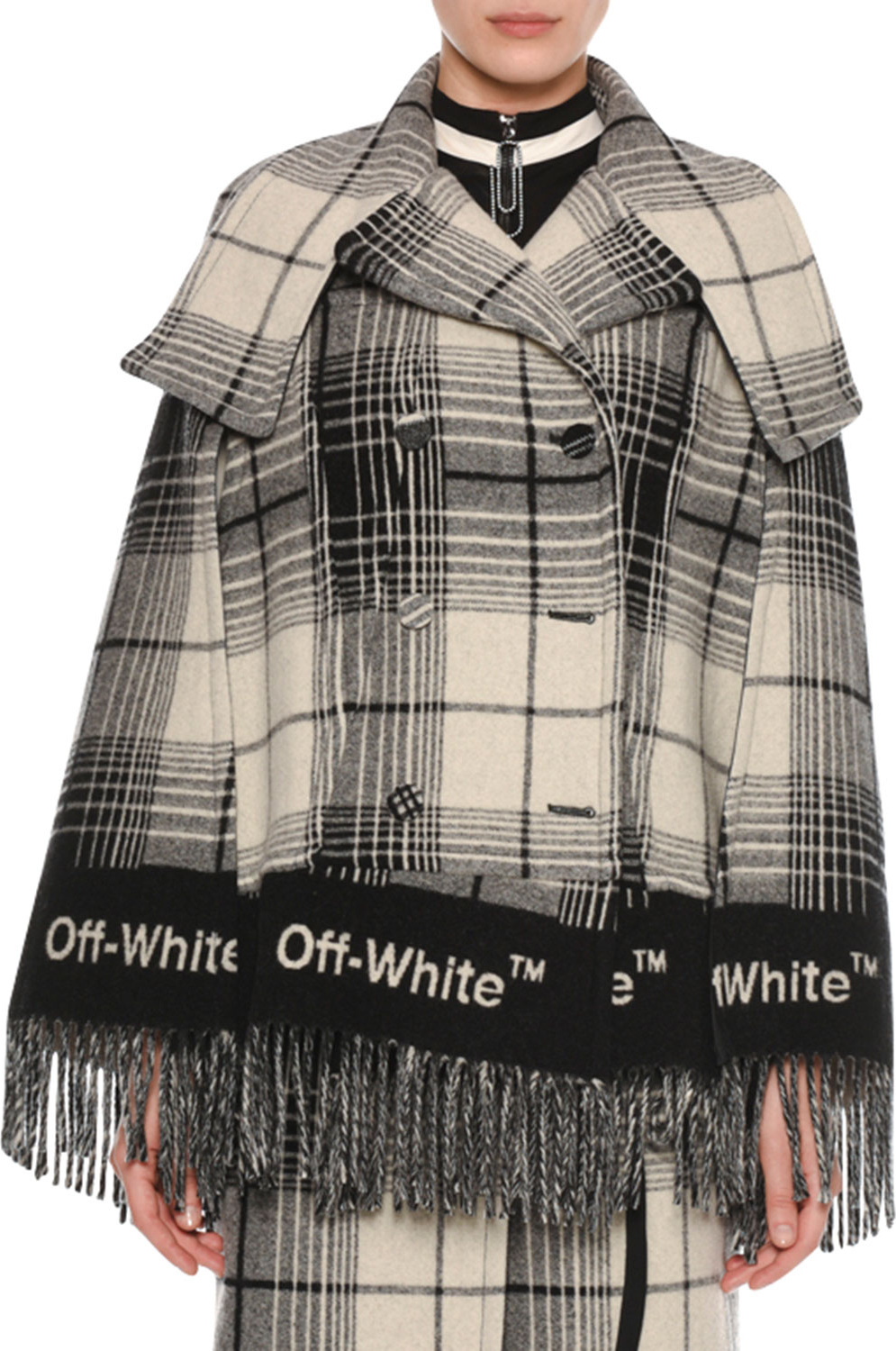 Off White Double-Breasted Check Blanket Cape