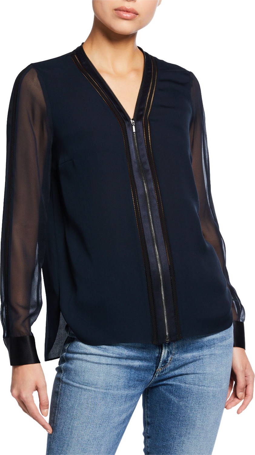 Elie Tahari Vallie Zip-Front V-Neck Long-Sleeve Blouse