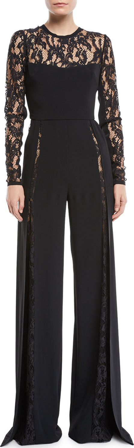 ELIE SAAB Long-Sleeve Wide-Leg Crepe Jumpsuit w/ Lace Inserts
