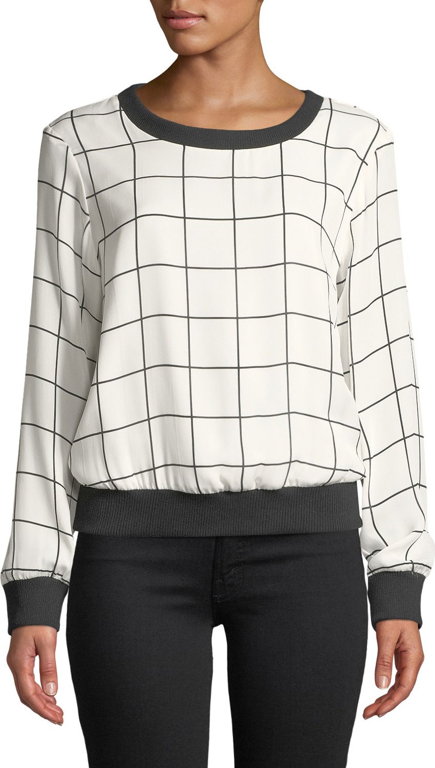 MILLY Check-Print Silk Georgette Sweatshirt