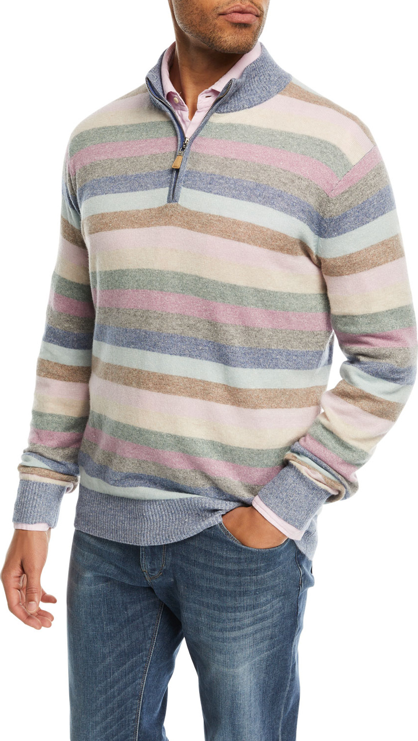 Peter Millar Coach Striped Quarter-Zip Cashmere Sweater, Blue