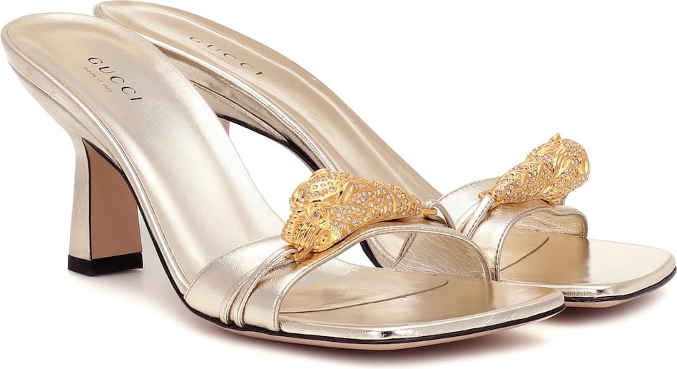 Gucci Tiger Head metallic leather sandals
