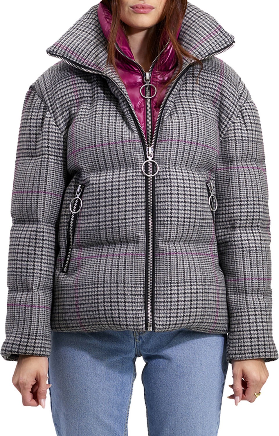 The Very Warm Alma Wool Plaid Puffer Coat w/ Artwork Lining