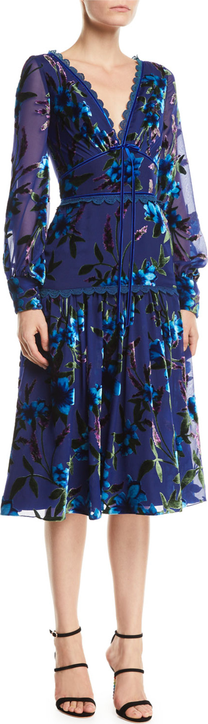 Marchesa Notte Floral Velvet Burnout Bishop-Sleeve Dress