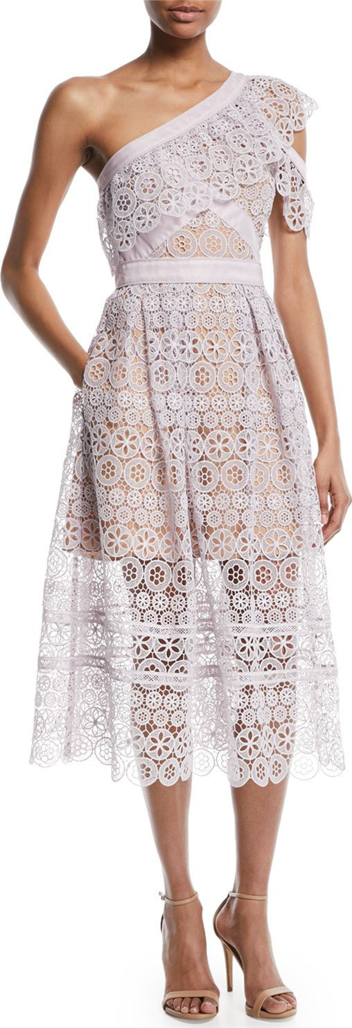 Self Portrait One-Shoulder Floral Lace Midi Cocktail Dress