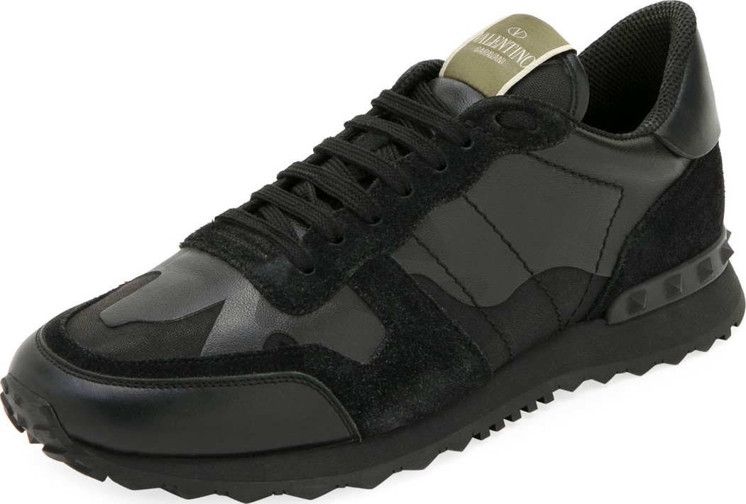 Valentino Men's Rockrunner Camo Leather Sneakers, Black
