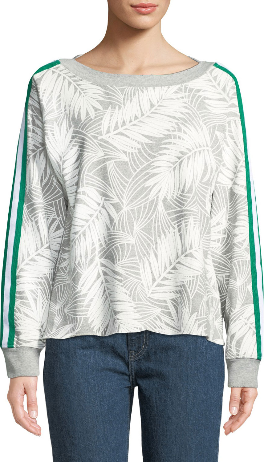 Current/Elliott Breck Palm-Print Side-Stripe Crewneck Sweatshirt