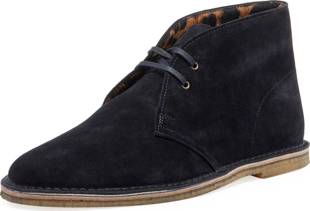 Saint Laurent Men's Nino Suede Chukka Boots with Leopard Calf Hair Lining