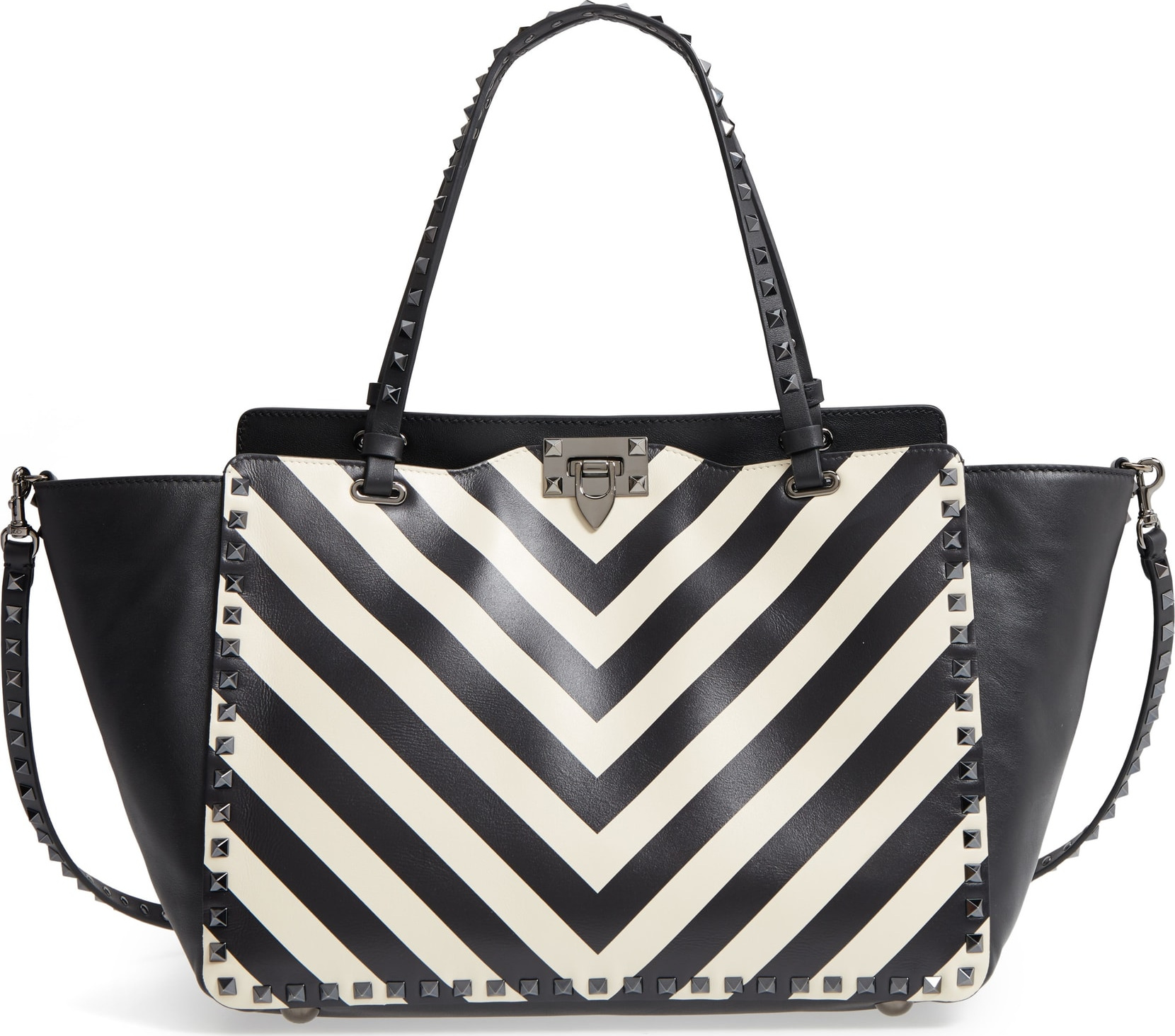 Valentino Rockstud Chevron Stripe Leather Tote