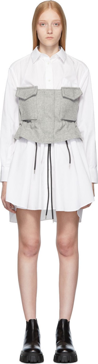 Sacai White & Grey Poplin Shirt Dress
