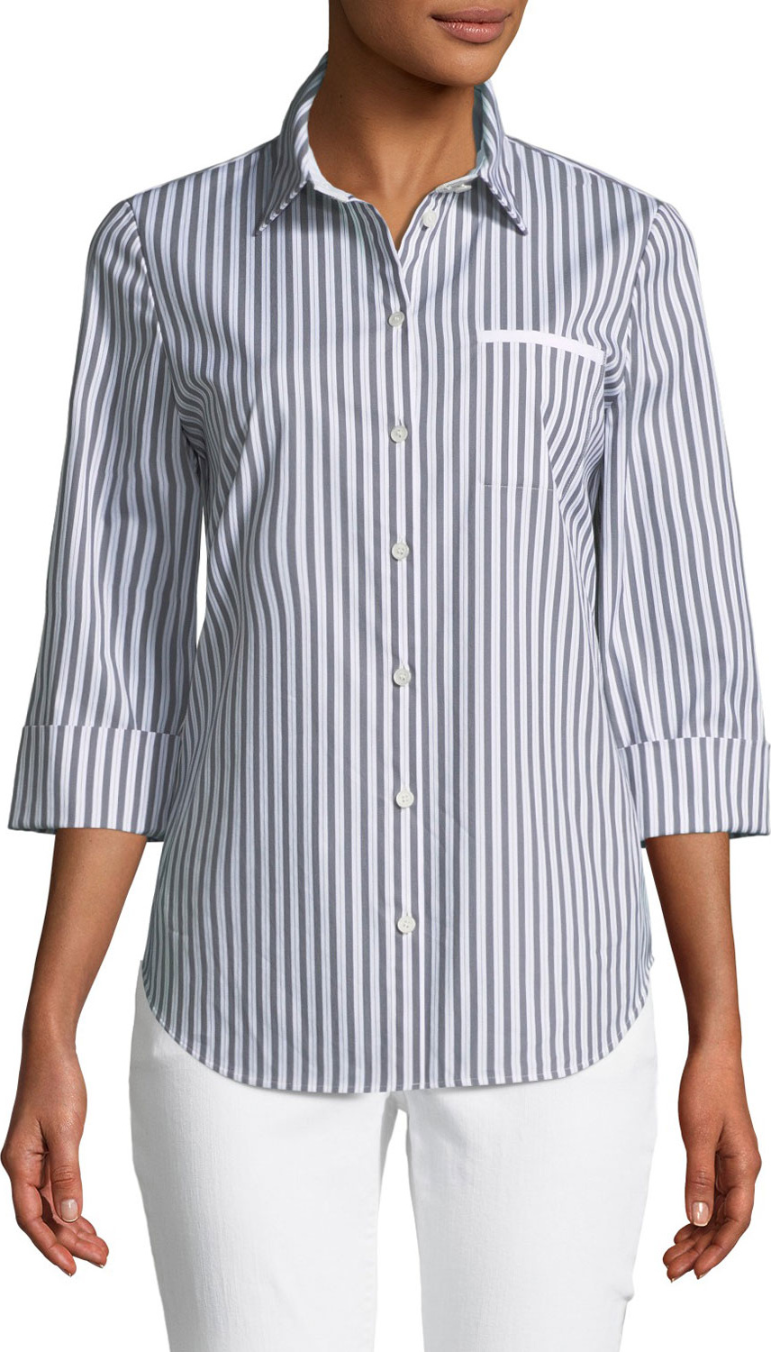 Lafayette 148 New York Paget Highbridge Striped 3/4-Sleeve Button-Front Top