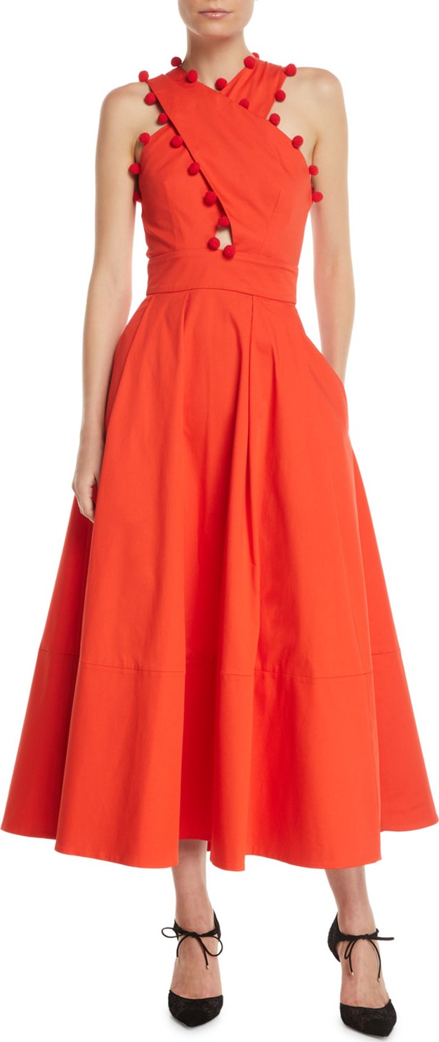 Oscar De La Renta Sleeveless Crisscross Halter-Neck Twist-Back Long Cotton Dress